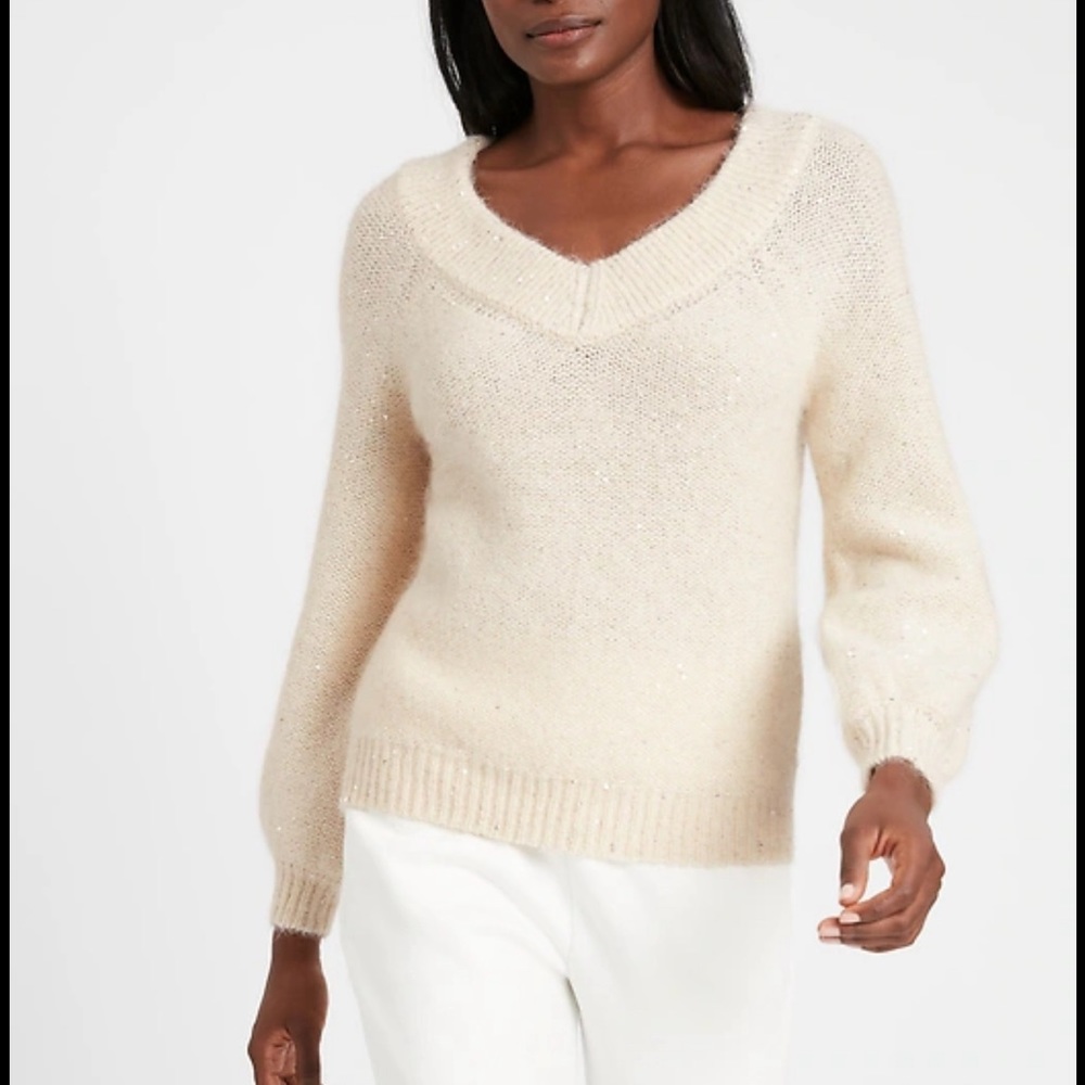 NEW Banana Republic Ivory Sequined Wide V Neck L Alpaca blend
